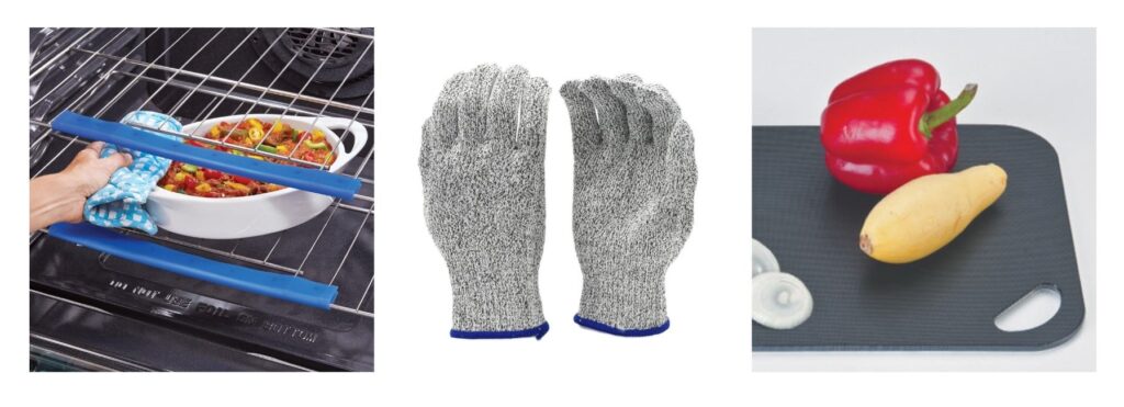silicone oven guard, cutting gloves and a high-contrast cutting board