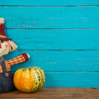 stuffed scarecrow next to a pumpkin