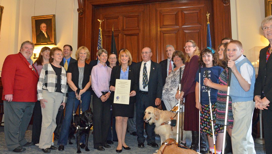 a group of white cane and dog guide users posing with a photo with Maggie Hassen at the State House