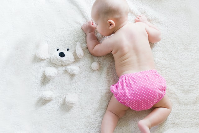 infant laying on a blanket with a stuffed dog