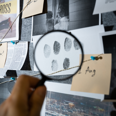 magnifying glass close up on fingerprints on a piece of paper