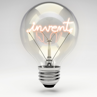 light bulb with a cord reading "invent"