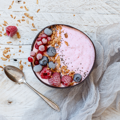 a smoothie bowl positioned on a table