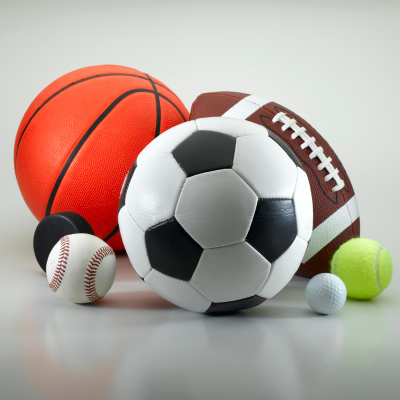 various sports equipment: basketball, soccer ball, baseball, tennis ball, football