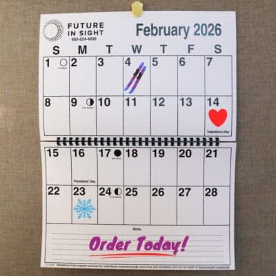 A calendar with easy-to-read print and large spaces to write in. Text in one of the spaces says, Order Today!