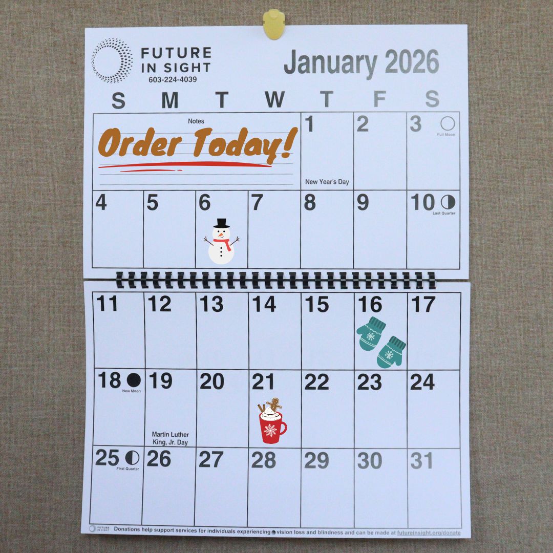 A calendar with large spaces, easy-to-read print, and winter-themed graphics in some of the spaces, including a snowman and a pair of mittens.