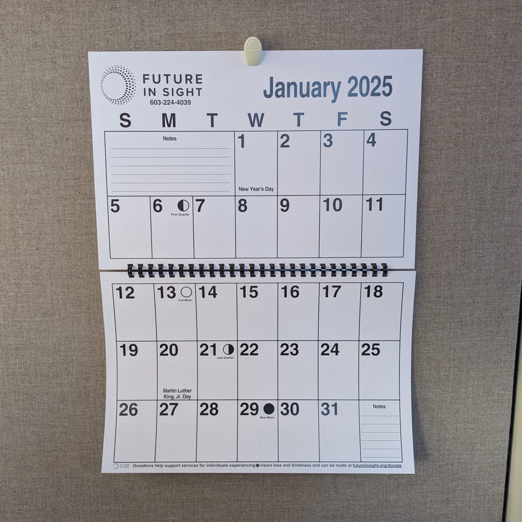 A photo of a calendar with wide spaces to write into and large numbers indicating the day of the month.