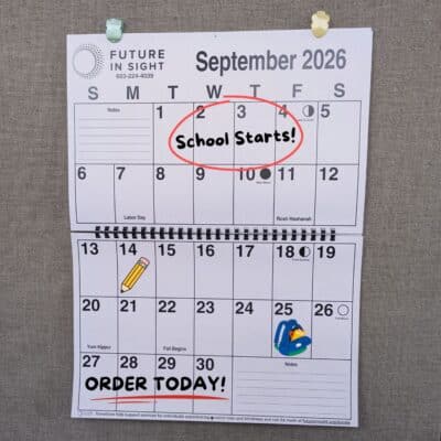 A calendar with big spaces and easy-to-read text.