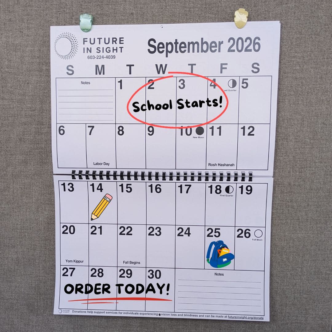 A calendar with big spaces and easy-to-read text.