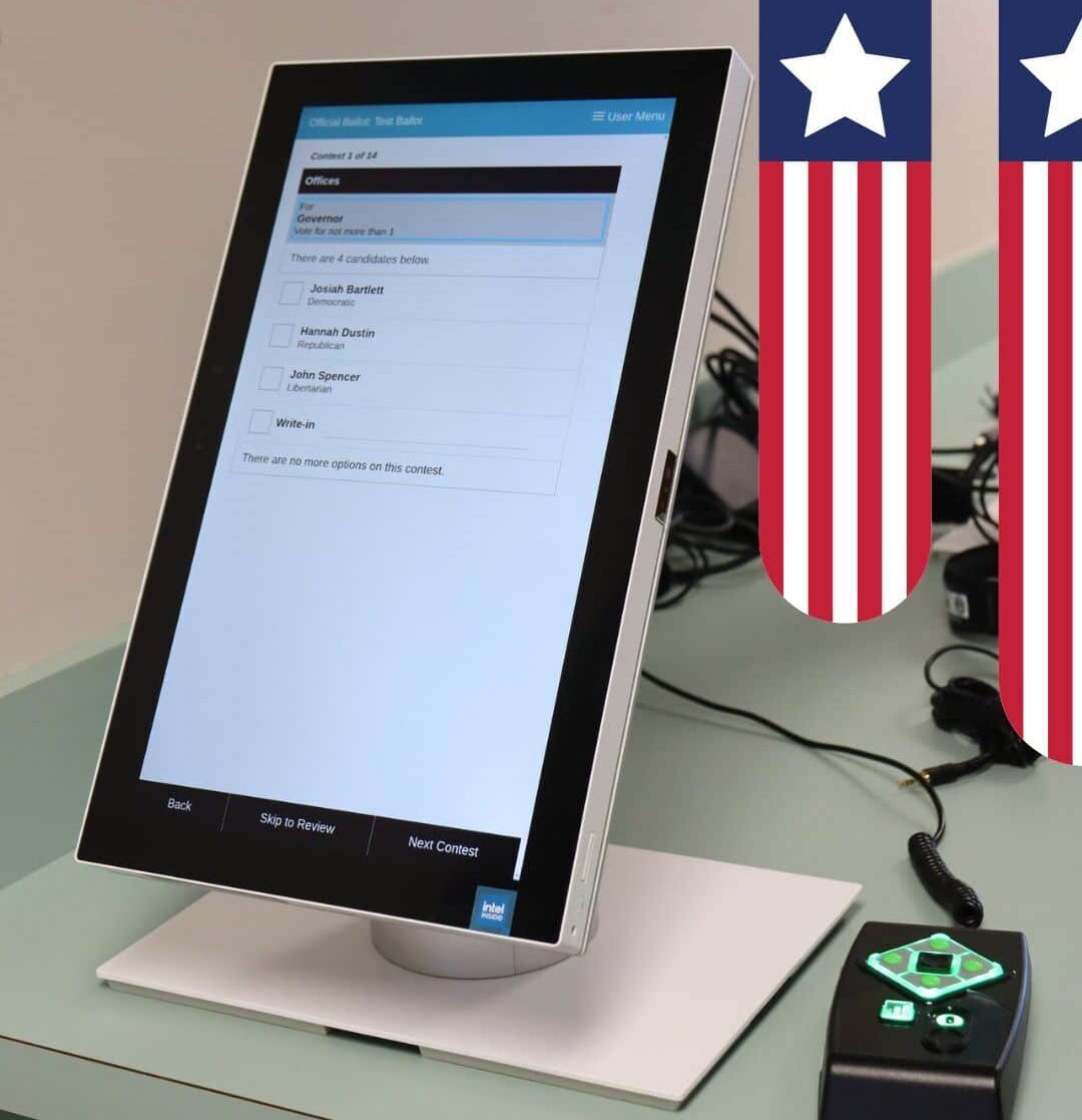 An OmniBallot Tablet with an American Flag graphic on the right.