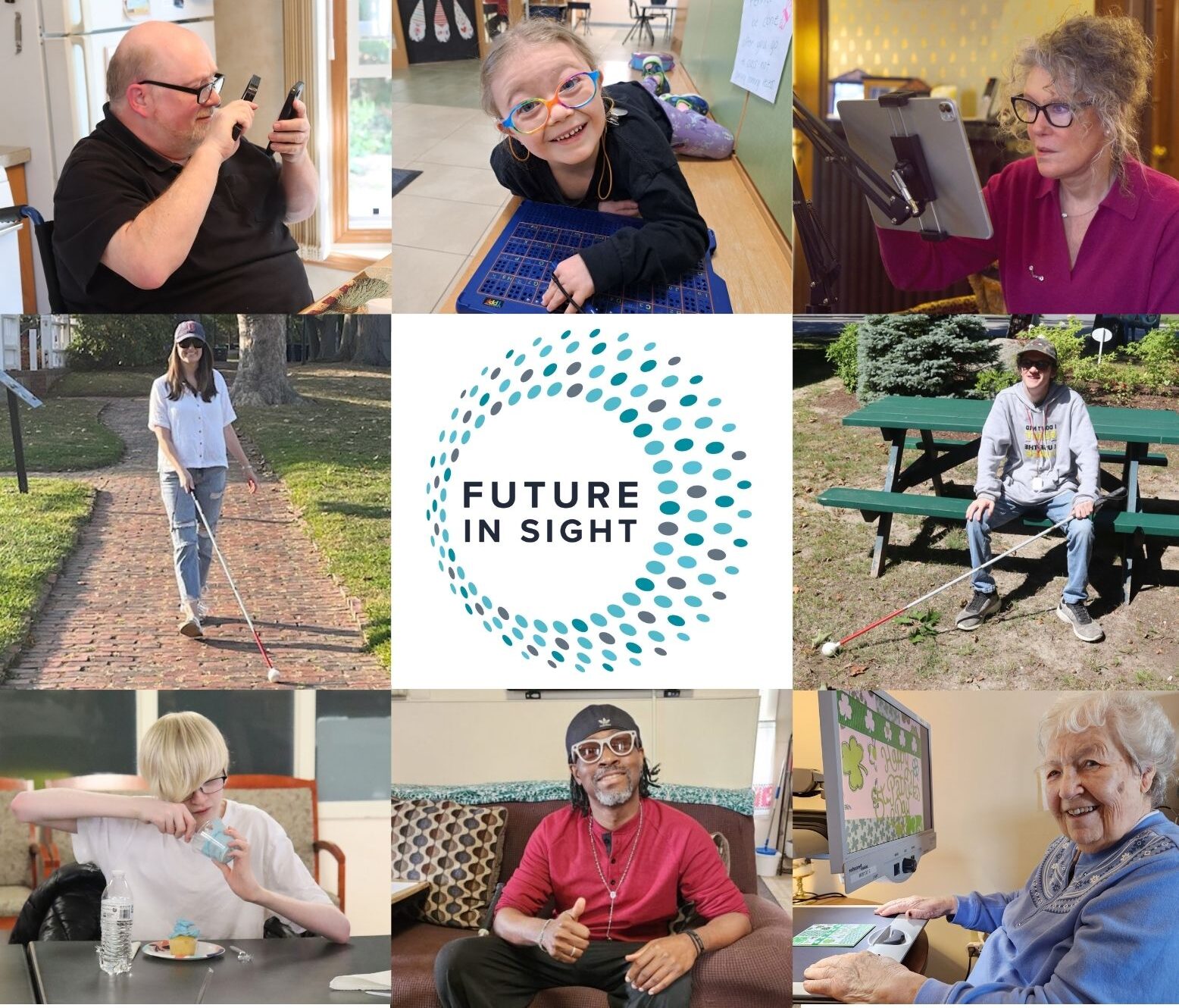 A collage of Future In Sigh clients of various ages with the Future In Sight colorful eye logo in the center.