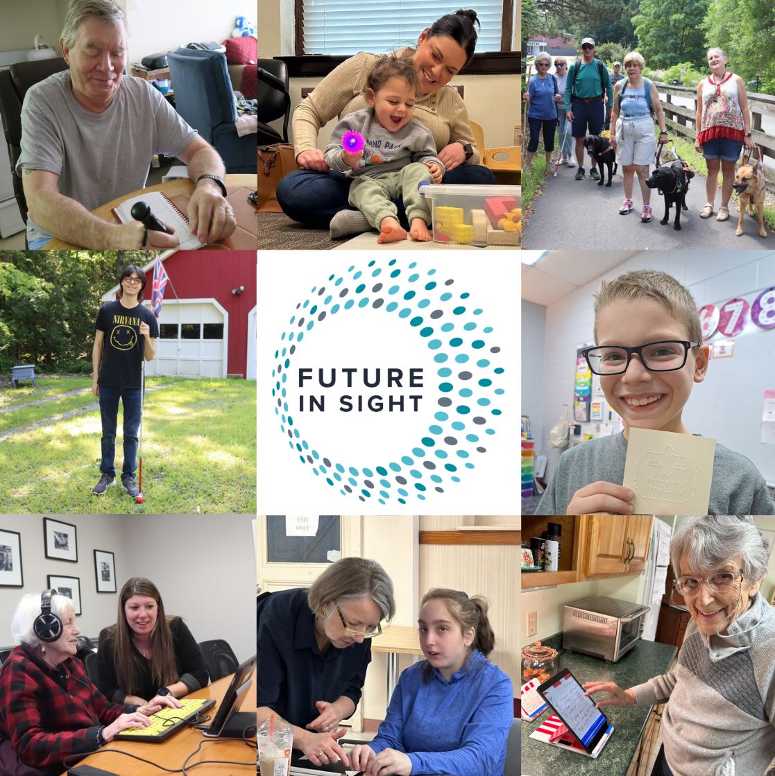 A collage of photos of clients using technology, walking with white canes or guide dogs, and working on crafts.