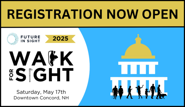 A graphic with the text: Registration Now Open. The Walk For Sight logo, with a sneaker for the L and a white cane for the I, is below the text along with the date of the event. On the right is an illustration of the state house.