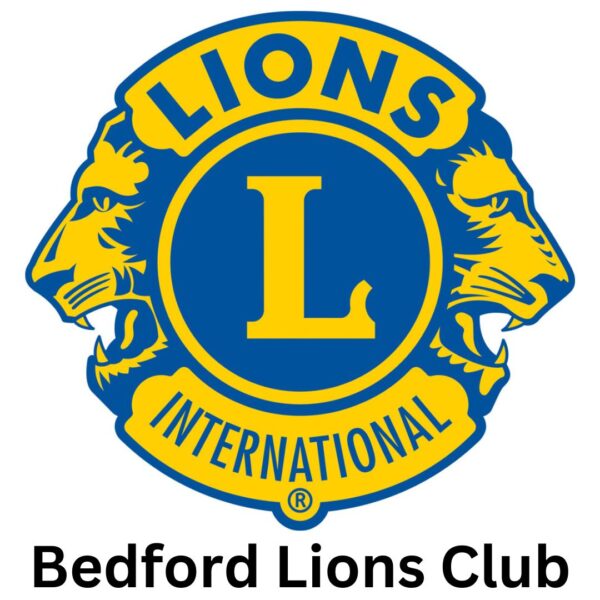 Bedford Lions Club logo in blue and gold with two lions heads on either side of a circle and a large L in the center.