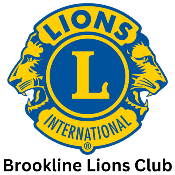 Brookline Lions Club logo in blue and gold with two lion heads.