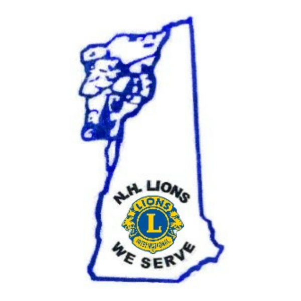 The Lions Sight and Hearing Foundation logo with a blue outline of New Hampshire, the Old Man in the Mountain, the Lions Club logo and the text: NH Lions, We Serve.