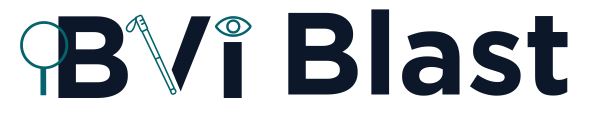 BVI Blast Logo with a magnifying glass, white cane, and eye.
