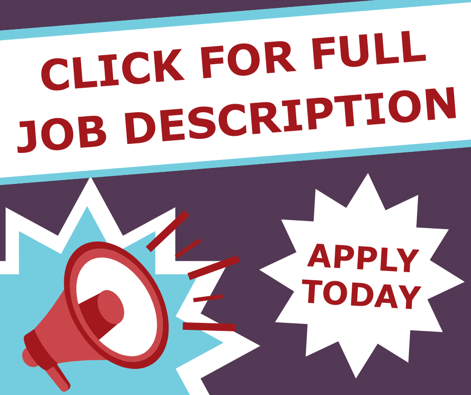 A megaphone with text saying: Click for full job description - apply today!