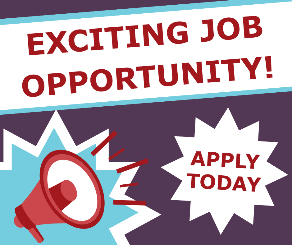 The text: Exciting Job Opportunity - Apply Today! With a megaphone illustration in the bottom corner.