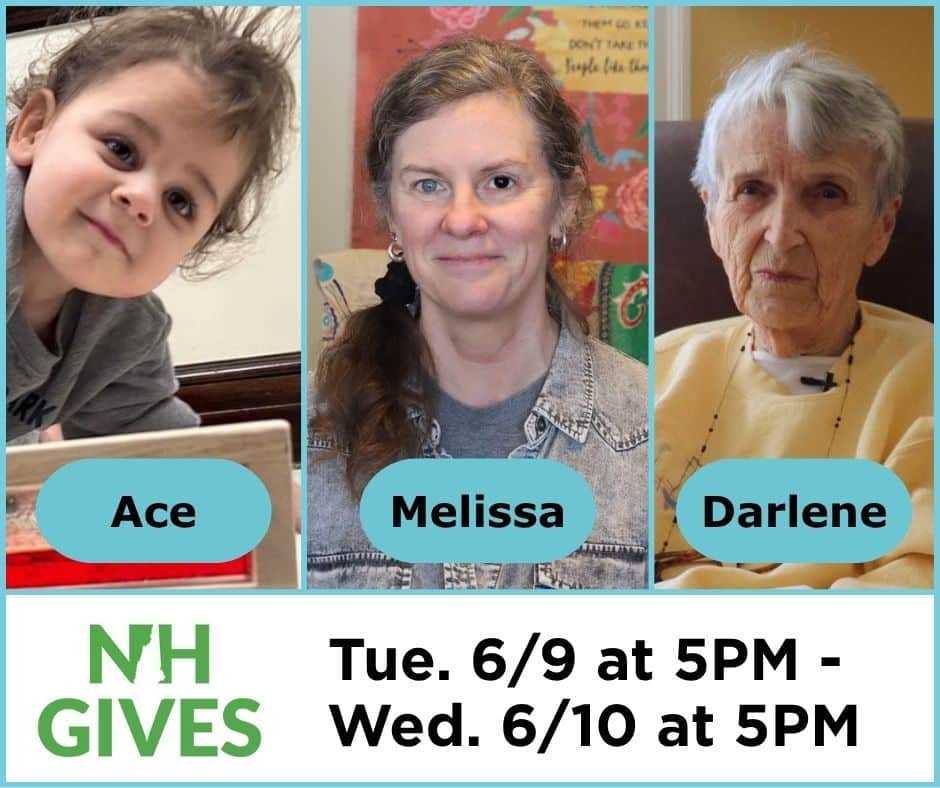 Three photos of clients with the details of NH Gives.