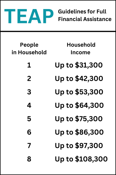 TEAP Financial Guidelines  with number of people in household and household income.