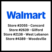 Walmart stores in Concord, Gilford, West Lebanon, and Woodsville.
