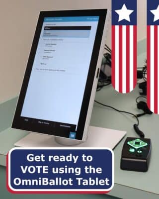 An OmniBallot Tablet voting machine with the text: Get ready to VOTE.