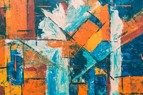 A blue and orange painting with geometric shapes and lines.