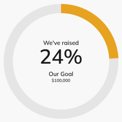 A partially filled in circle with the text: We've raised 24% of our $100,000 goal.