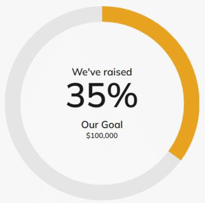 A partially filled in circle with the text: We've raised 35% of our $100,000 goal.