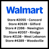 Walmart stores in Concord, Gilford, Newington, Rindge, West Lebanon, and Woodsville.