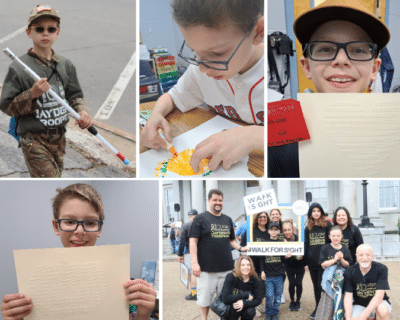 A collage of photos of Jayden at the Walk For Sight and showing off his braille homework.