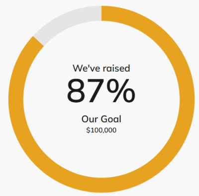 A partially filled in circle with the text: We've raised 87% of our $100,000 goal.