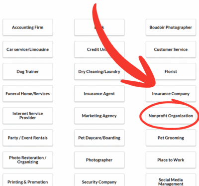 Screenshot of where to select the Nonprofit Organization subcategory.