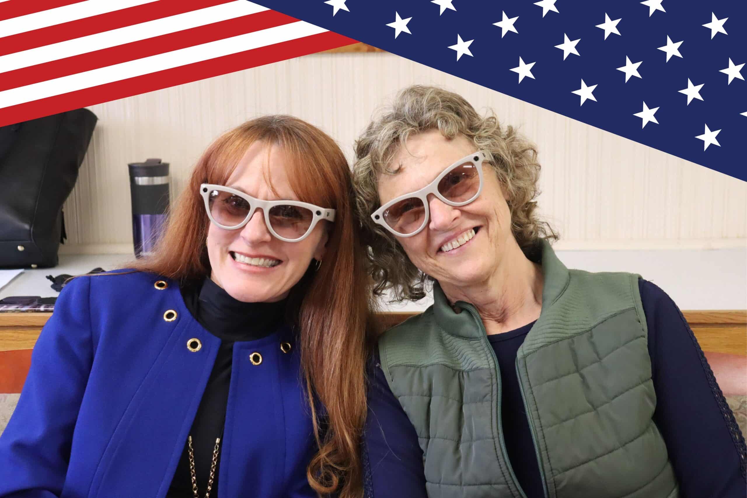 Two individuals wearing Meta AI Smart Glasses posing and smiling together.