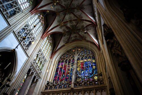 Stained glass windows in a cathedral.