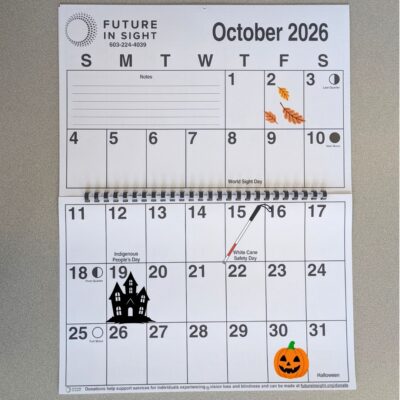 A calendar with big spaces and easy-to-read text.