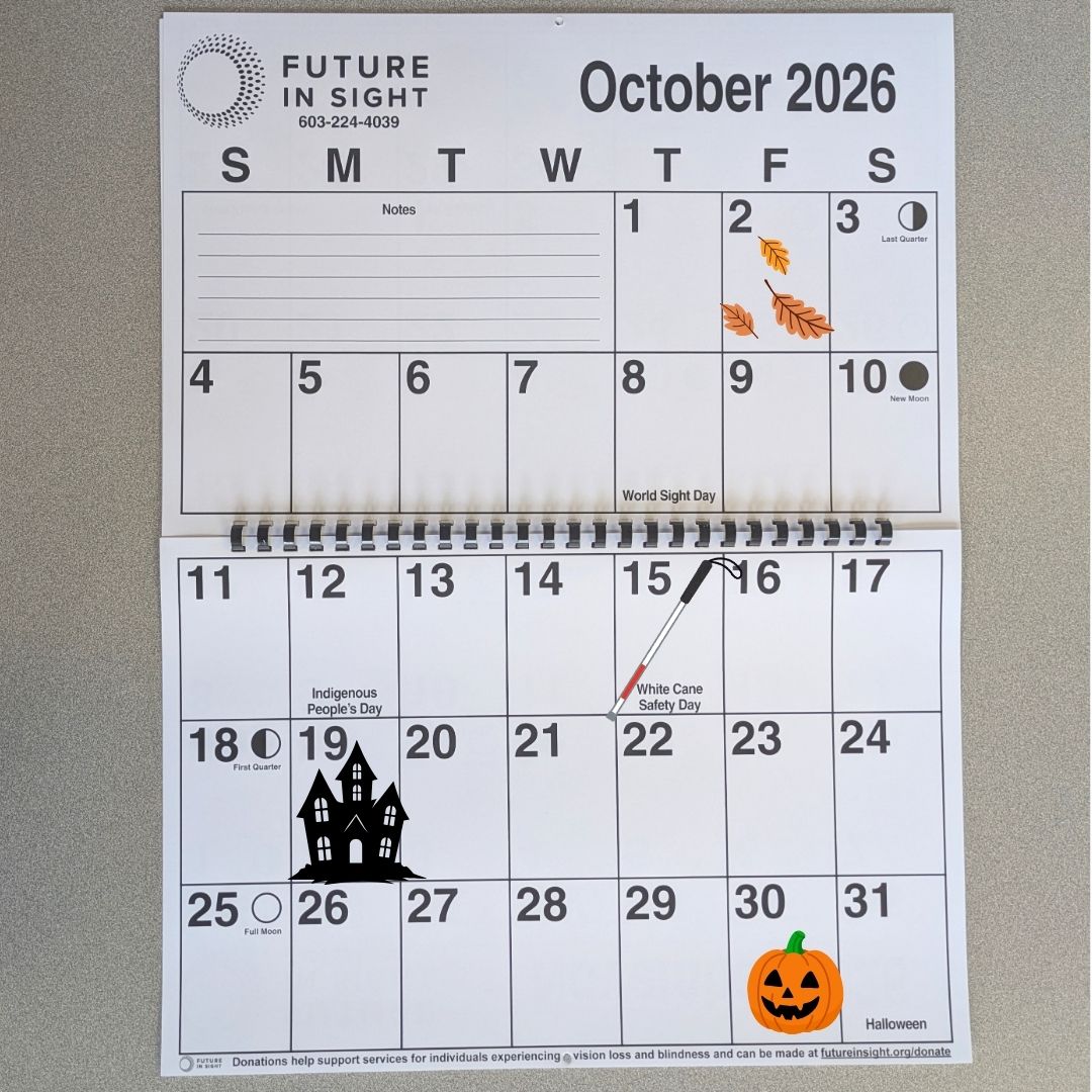 A calendar with big spaces and easy-to-read text.